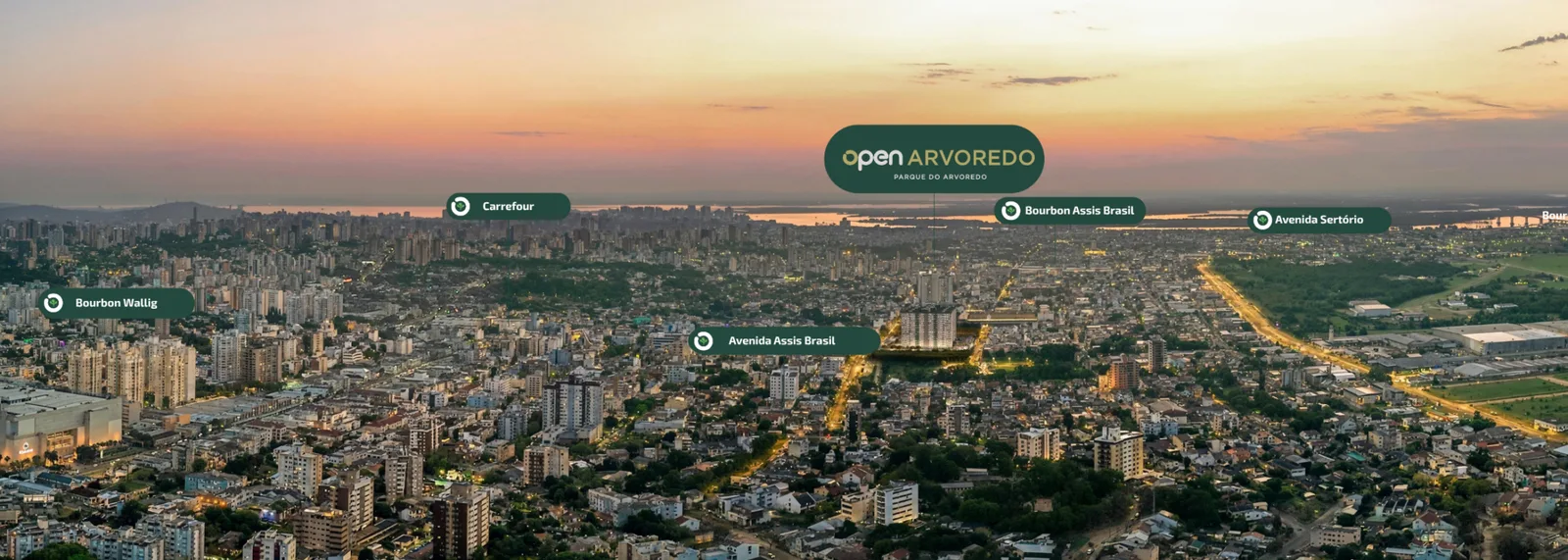 Localização e vista aérea do Open Arvoredo perto do Bourbon Wallig — Porto Alegre