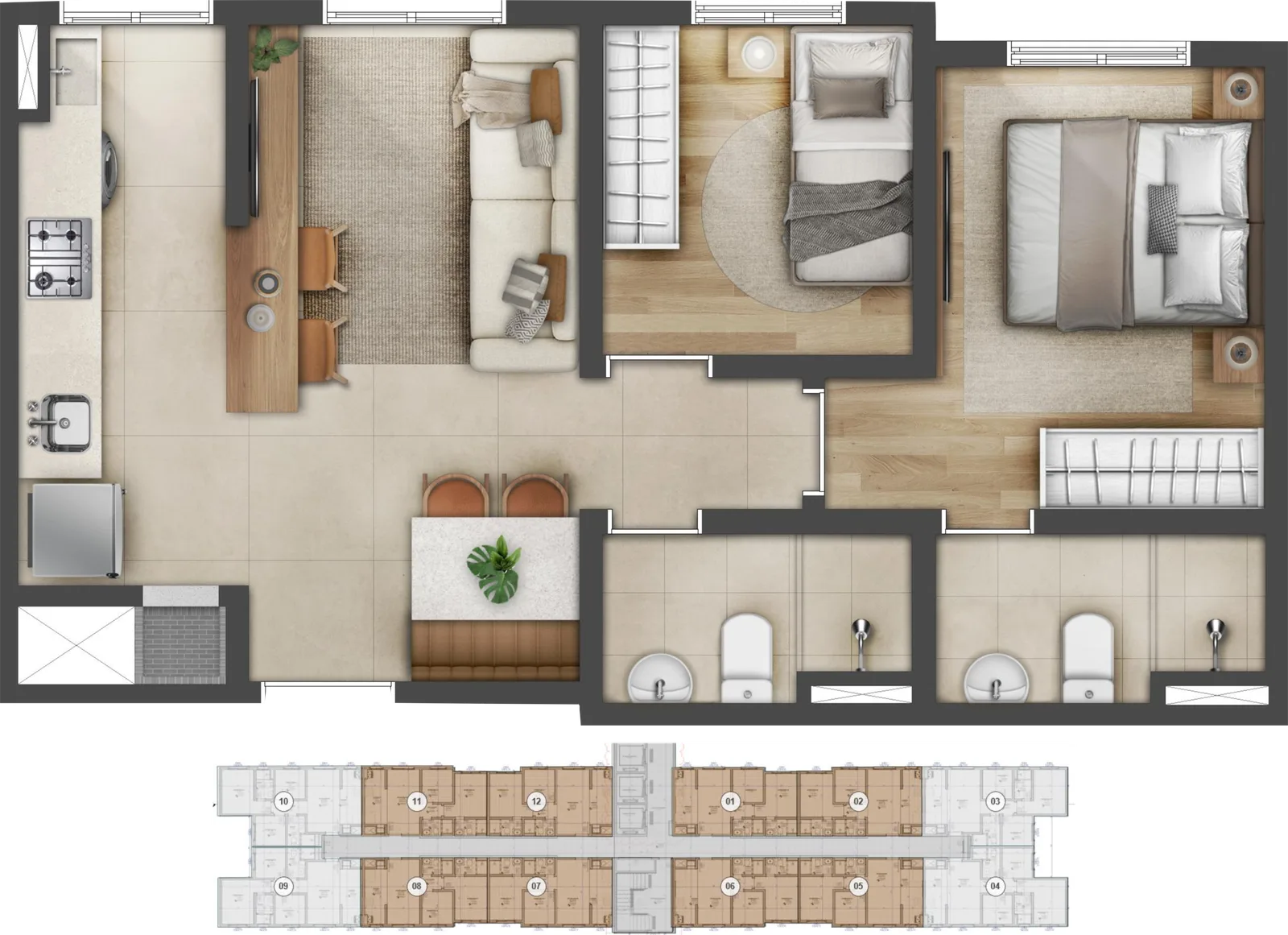 Planta 2 dormitórios com suíte — Open Arvoredo Porto Alegre